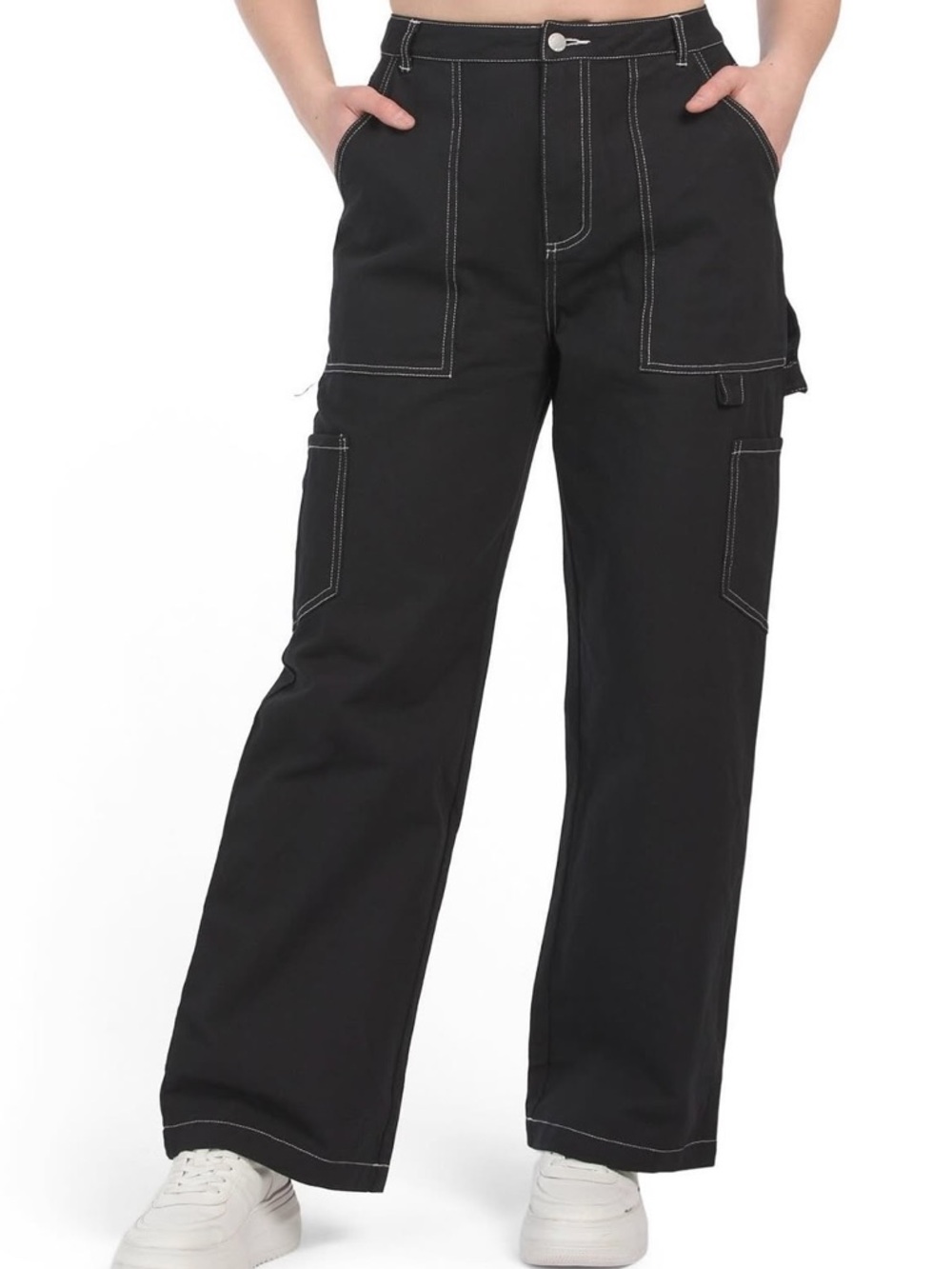 NWT Emory Park High Rise Black Wide-Leg Cargo Jeans Pants with White Stitching